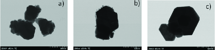 (a-c)Imaginile TEM ale nanoparticulelor CH<sub>3</sub>NH<sub>3</sub>PbI<sub>3</sub> obținute în condiții diferite de sinteză